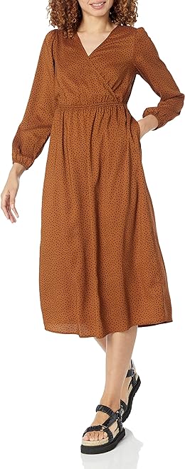 Women's Lightweight Georgette Long Sleeve V-Neck Midi Dress (Available in Plus Size)
